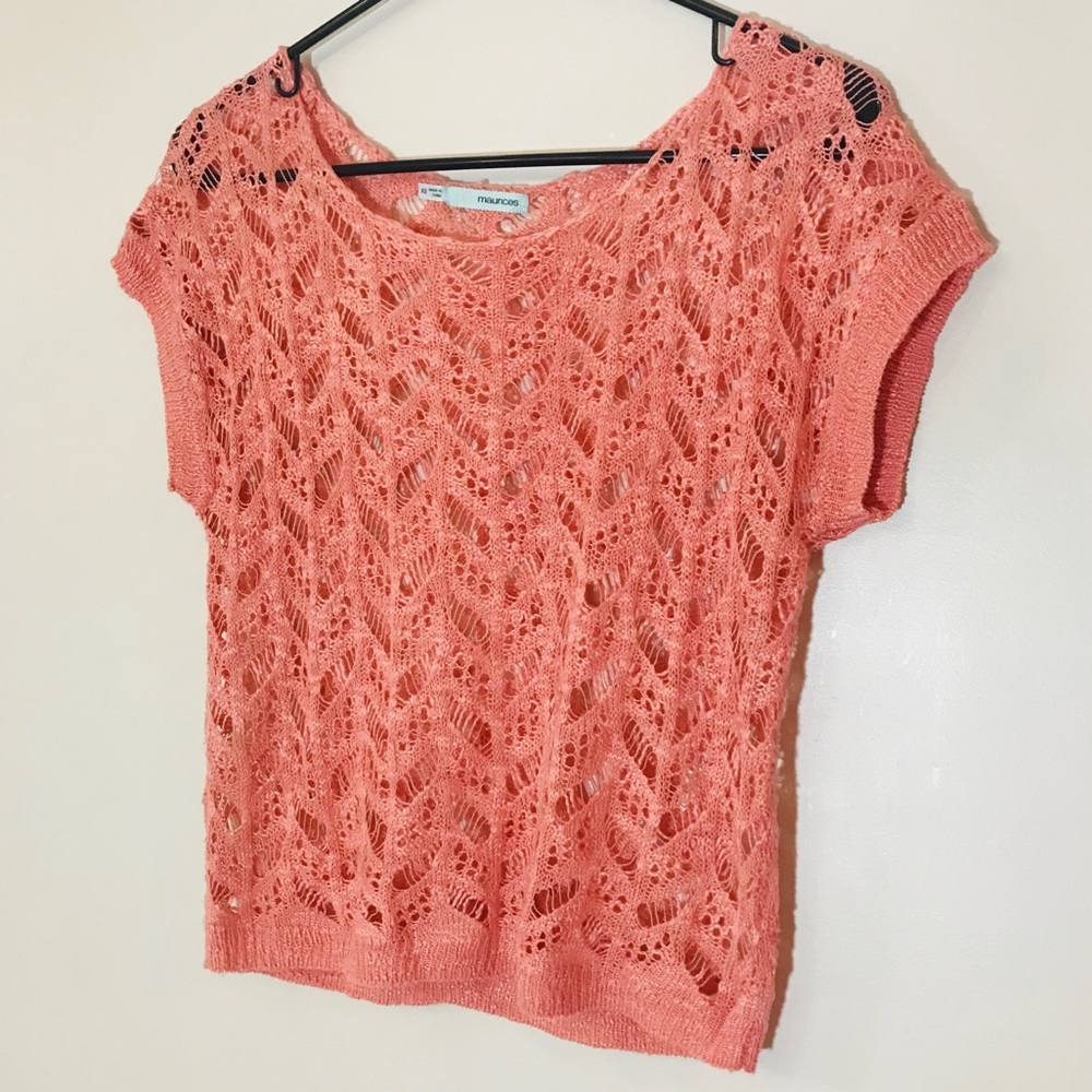 Maurices Open Knit Living Coral Short Sleeve Top